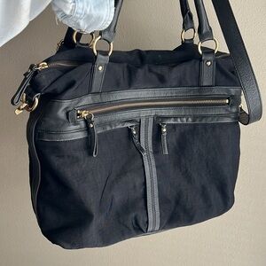 Black leather & nylon crossbody tote